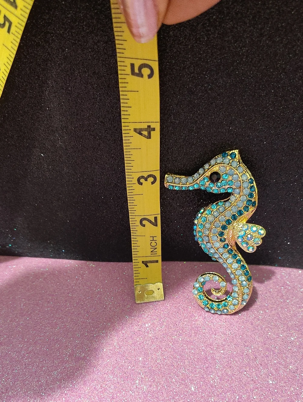 Vintage Style Blue & Multi Colored Rhinestone Seahorse Brooch - 3 1/2